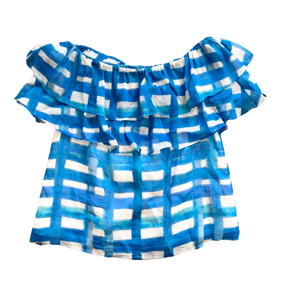 MARIE OLIVER Yaya Blouse In Amalfi Madras Ruffle Top Off The Shoulder Chic Small - Picture 2 of 7